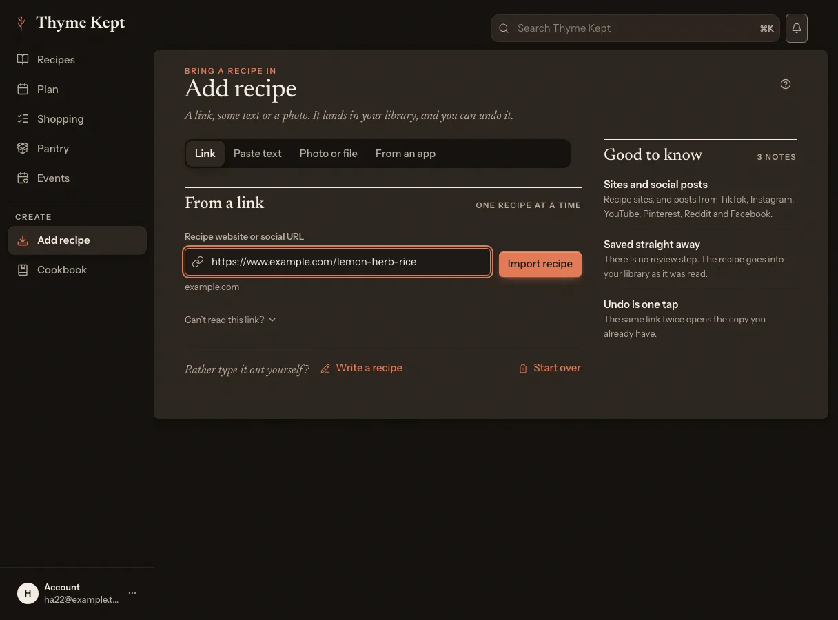 Adding a recipe from a link, pasted text, a photo or another app