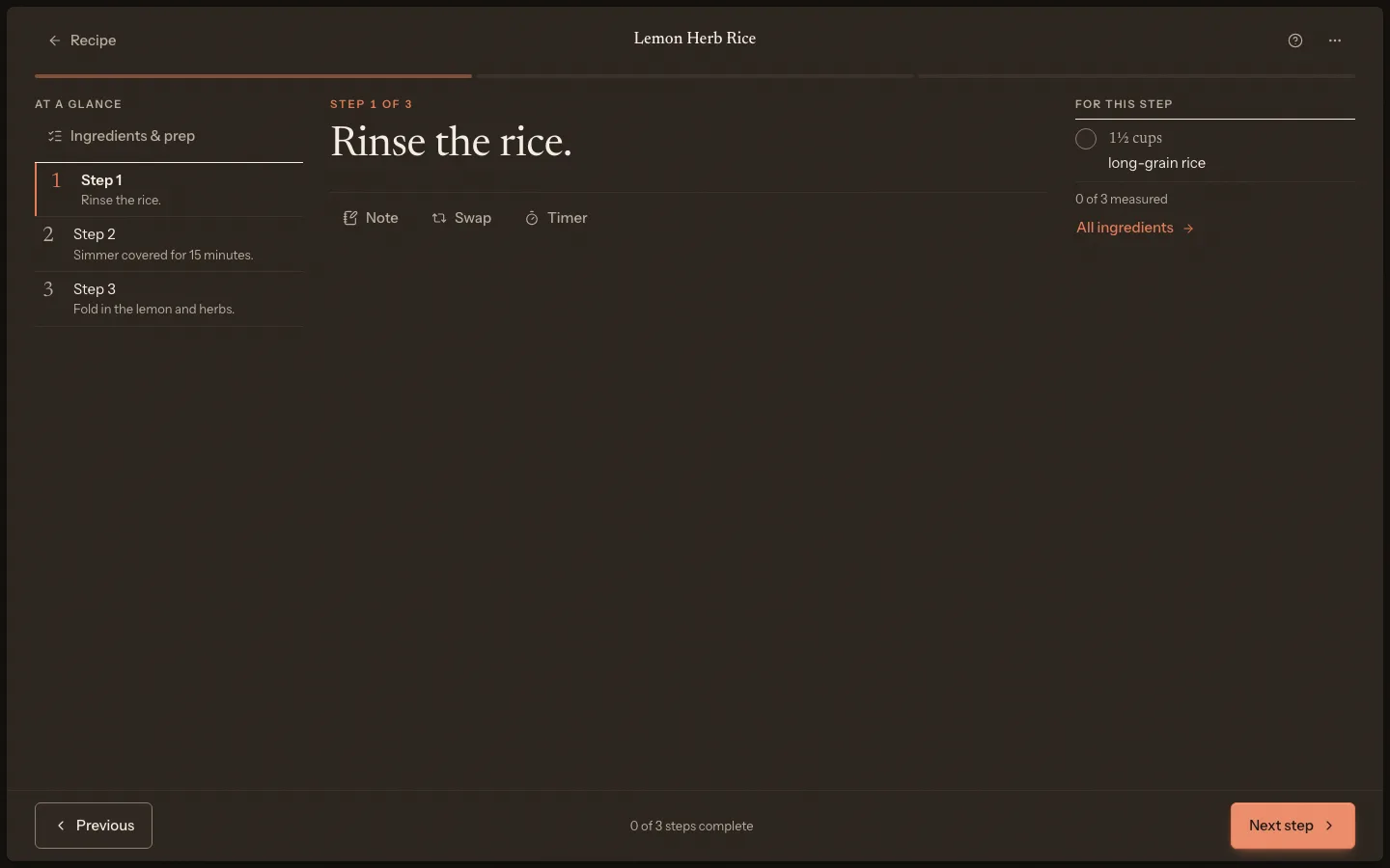Cook Mode showing a recipe step with its ingredients