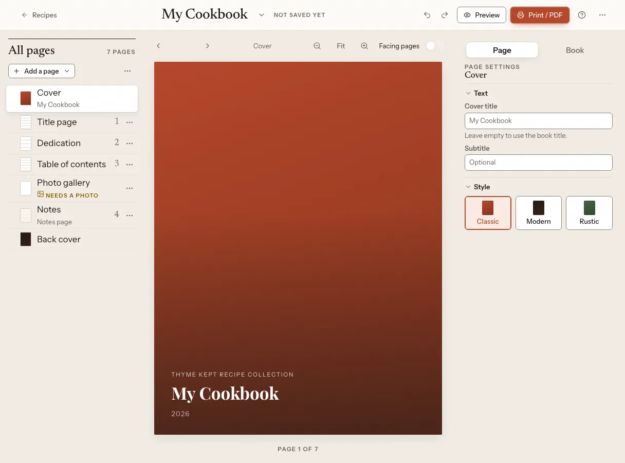 The cookbook builder with page list, cover preview and settings