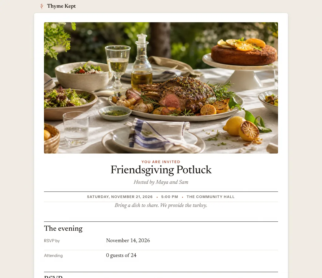 A shared event page with the menu and RSVP